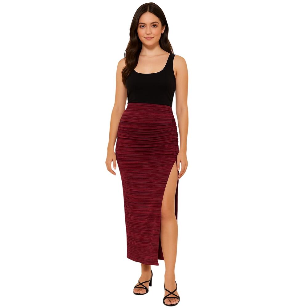 Free People Peak Show Maxi Skirt Pull On Ruching Mid-Rise Sz XL Burgundy Column